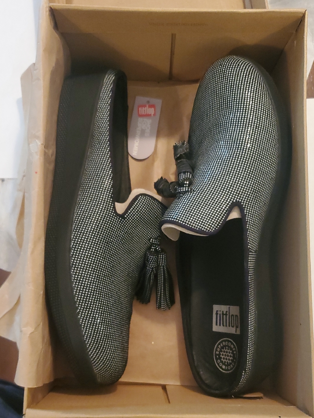 New FitFlop Superskate Black & White Tassel Slip-On Shoes size 9